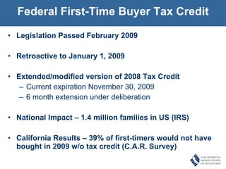 Federal First-Time Buyer Tax Credit Legislation Passed February 2009 Retroactive to January 1, 2009 Extended/modified version of 2008 Tax Credit Current expiration November 30, 2009 6 month extension under deliberation National Impact – 1.4 million families in US (IRS) California Results – 39% of first-timers would not have bought in 2009 w/o tax credit (C.A.R. Survey) 
