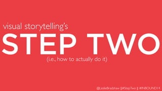 STEP TWO 
(i.e., how to actually do it) 
@LeslieBradshaw ||#StepTwo || #INBOUND14 
visual storytelling’s 
 