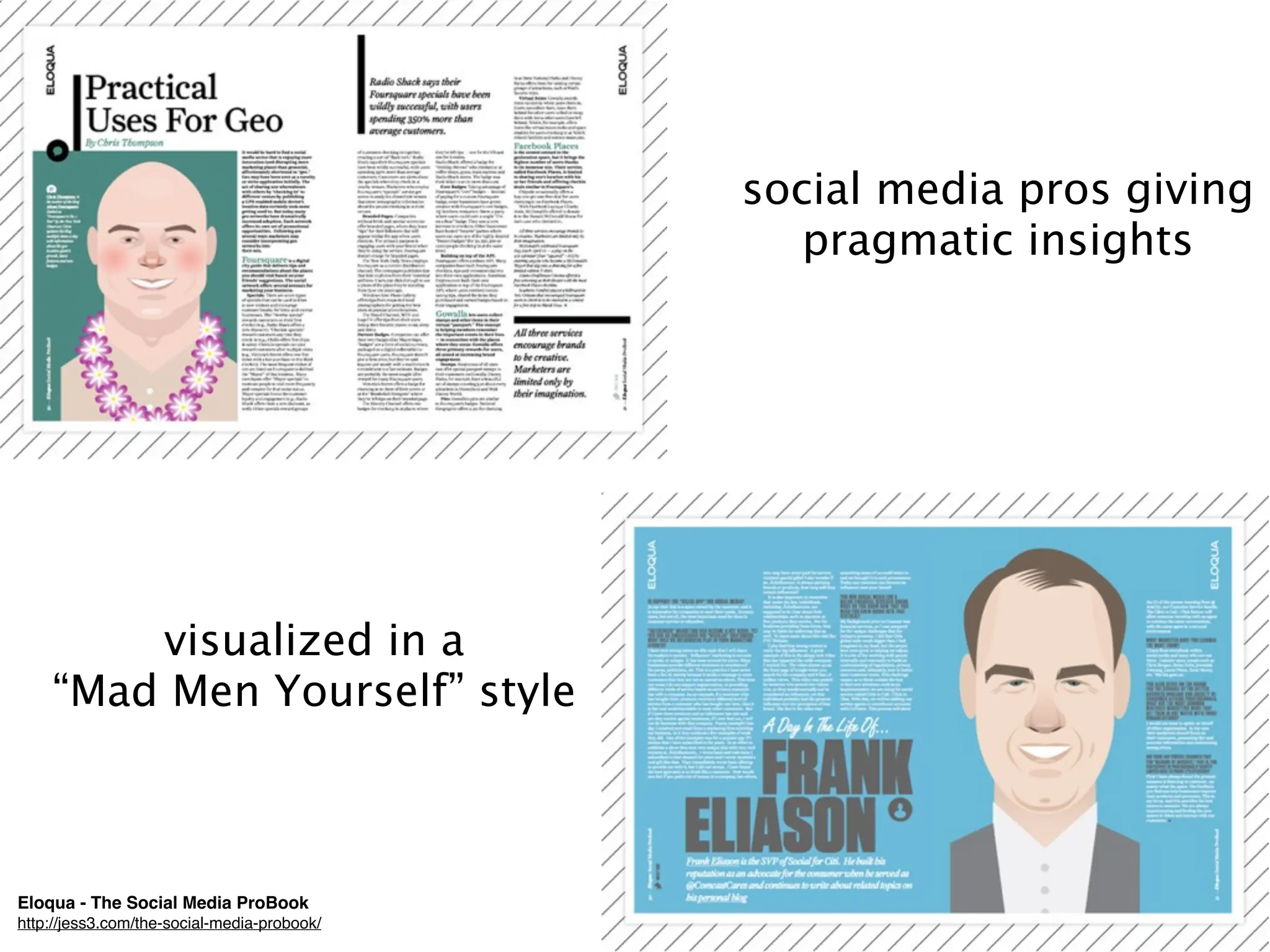 social media pros giving
                                                pragmatic insights




        visualized in a
    “Mad Men Yourself” style



Eloqua - The Social Media ProBook
http://jess3.com/the-social-media-probook/
 