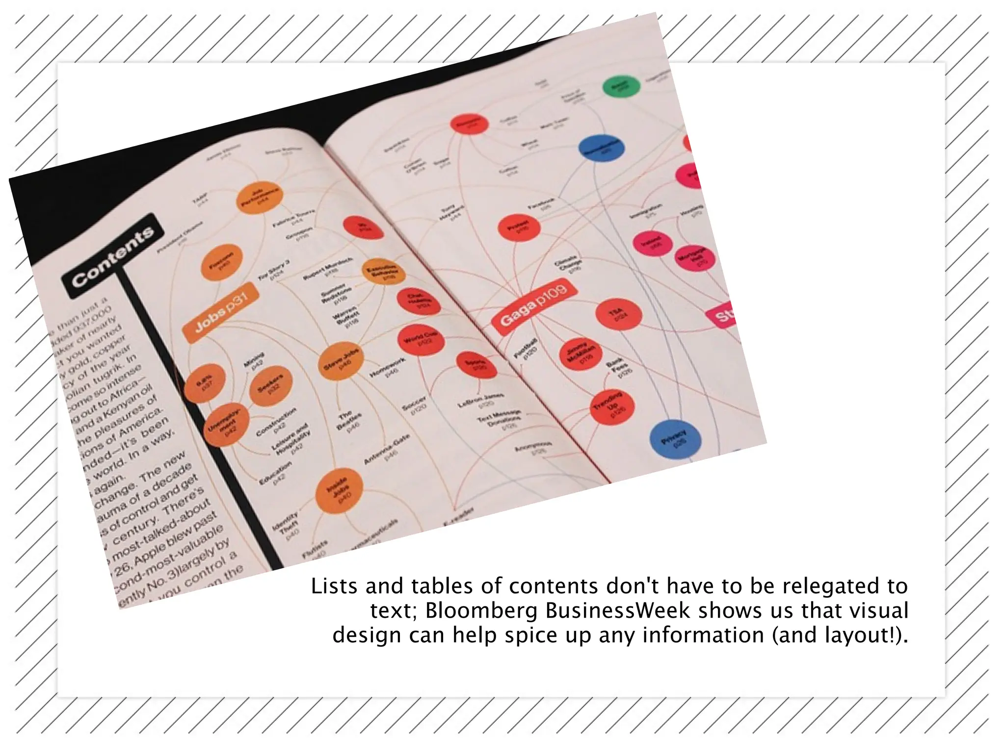 Lists and tables of contents don't have to be relegated to
      text; Bloomberg BusinessWeek shows us that visual
  design can help spice up any information (and layout!).
 