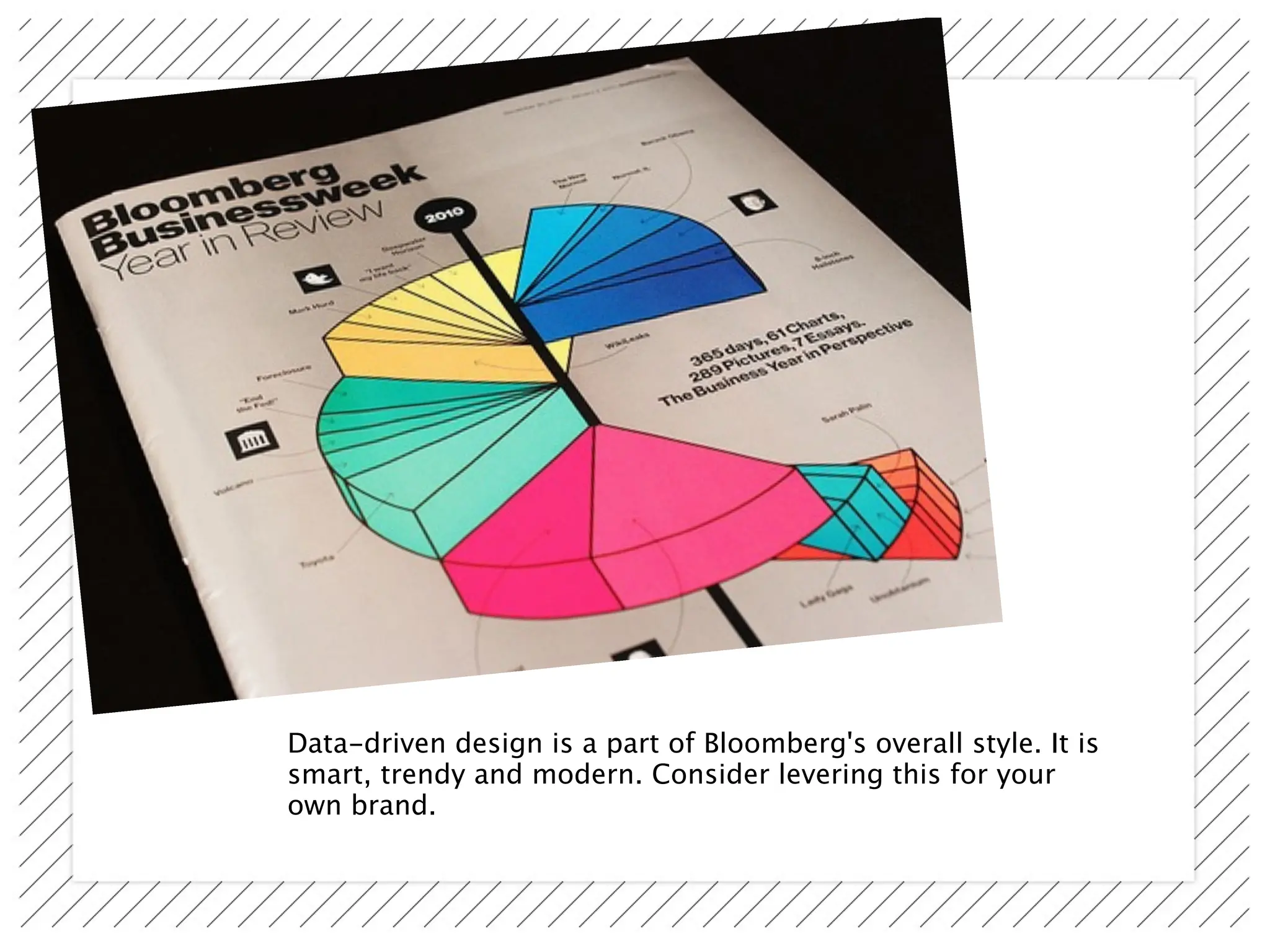 Data-driven design is a part of Bloomberg's overall style. It is
smart, trendy and modern. Consider levering this for your
own brand.
 
