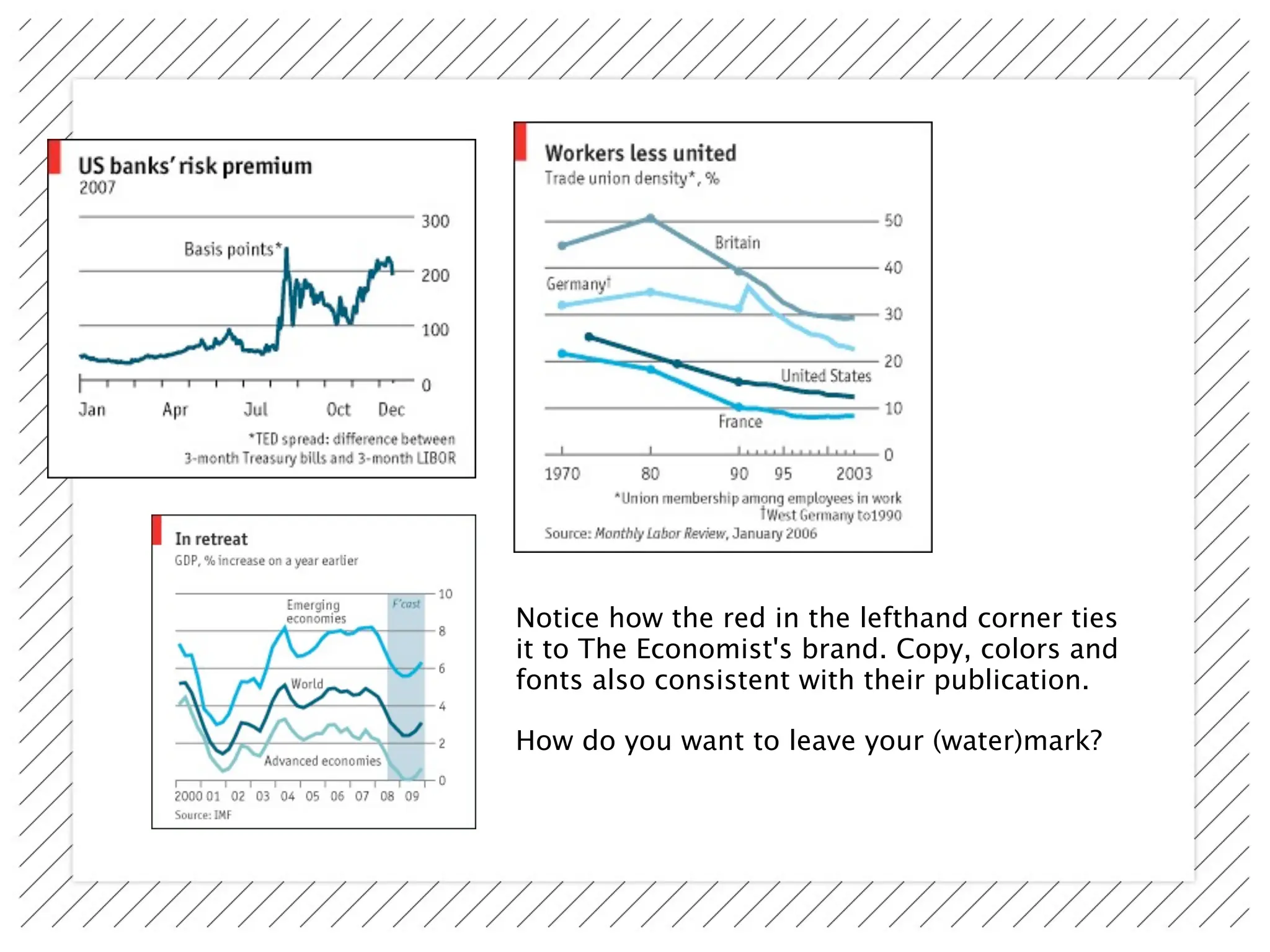 Notice how the red in the lefthand corner ties
it to The Economist's brand. Copy, colors and
fonts also consistent with their publication.

How do you want to leave your (water)mark?
 