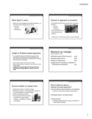 12/30/2013

What doesn’t work…
• Most of us have logged some failed attempts…we
may know how change doesn’t occur
▫ Lectures
▫ “shoulds”
▫ Threatening

Choices in approach to students
The problem-based model usually looks something
like this
▫ Lectures
▫ “shoulds”
▫ Threatening

These approaches don’t
work any better with
students…
• What puts us in the best position to create change?

Insight or Problem-based approach
• In a problem-focused (traditional) approach, the
assumption is that if the person understood why
they were stuck, that person would be able to change
their behavior or thinking
• Story of the couple, man is heavy smoker
• Story of the man who refused to wear his shirt to the
dinner table
• Insight doesn’t guarantee that change will occur
but doing something different may increase the
odds

Several models to choose from
• Important to have a model as a base.
• Solution-Focused >>school-friendly and put us
in a good position to create change.
• Other consultation models
• Your approach will be one that
matches your style, beliefs,
training…. Mindful of creating
real change.

Research on change:
Assay & Lambert, 1999

Student assets (Client factors)
40%
 Relationship factors
30%
 Hope or Expectancy
15%
 Approach to consultation (Model or
Theoretical orientation)
15%


What’s different about a
Solution-Focused approach?


Conversations about solutions, not problems


Focus on what works instead of what doesn’t



Strength-based, not deficit-based



Goal oriented


I skate to where the puck is going, not where it’s
been (Wayne Gretzky)

2

 