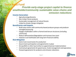 Page 2
Terra Bella Fund
Income Generation
 Agriculture/agroforestry
 Non-timber forest products
 Sustainable management...