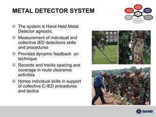 METAL DETECTOR SYSTEM The system is Hand Held Metal Detector agnostic Measurement of individual and collective IED detections skills and procedures Provides dynamic feedback  on technique Records and tracks spacing and coverage in route clearance activities Hones individual skills in support of collective C-IED procedures and tactics Metal Detector  system Weapon and IED  Effects Simulation Electronic Counter Measure Simulation System Support/Training Delivery Teams Live/Virtual Mix Data Management  and Knowledge Exchange ATES (C-IED) 