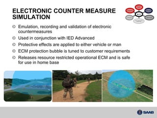 ELECTRONIC COUNTER MEASURE SIMULATION Emulation, recording and validation of electronic countermeasures Used in conjunction with IED Advanced Protective effects are applied to either vehicle or man ECM protection bubble is tuned to customer requirements Releases resource restricted operational ECM and is safe for use in home base Metal Detector  system Weapon and IED  Effects Simulation Electronic Counter Measure Simulation System Support/Training Delivery Teams Live/Virtual Mix Data Management  and Knowledge Exchange ATES (C-IED) 