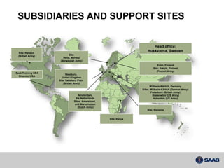 SUBSIDIARIES AND SUPPORT SITES Esbo, Finland Site: Säkylä, Finland (Finnish Army) Site: Rena, Norway (Norwegian Army) Mülheim-Kärlich, Germany Sites: Mülheim-Kärlich (German Army) Paderborn (British Army) Grafenwöhr (US Army) Hohenfels (US Army) Site: Ralston  (British Army) Westbury,  United Kingdom Site: Salisbury Plain  (British Army) Saab Training USA Orlando, USA Head office: Huskvarna, Sweden Site: Slovenia Amsterdam, the Netherlands Sites: Amersfoort,  and Marnehuizen  (Dutch Army) Site: Kenya 