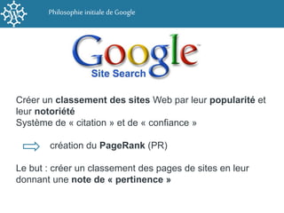 Philosophie initiale de Google
Créer un classement des sites Web par leur popularité et
leur notoriété
Système de « citati...