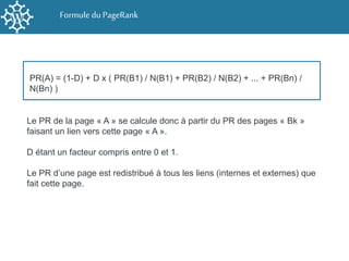 Formule du PageRank
PR(A) = (1-D) + D x ( PR(B1) / N(B1) + PR(B2) / N(B2) + ... + PR(Bn) /
N(Bn) )
Le PR de la page « A » ...
