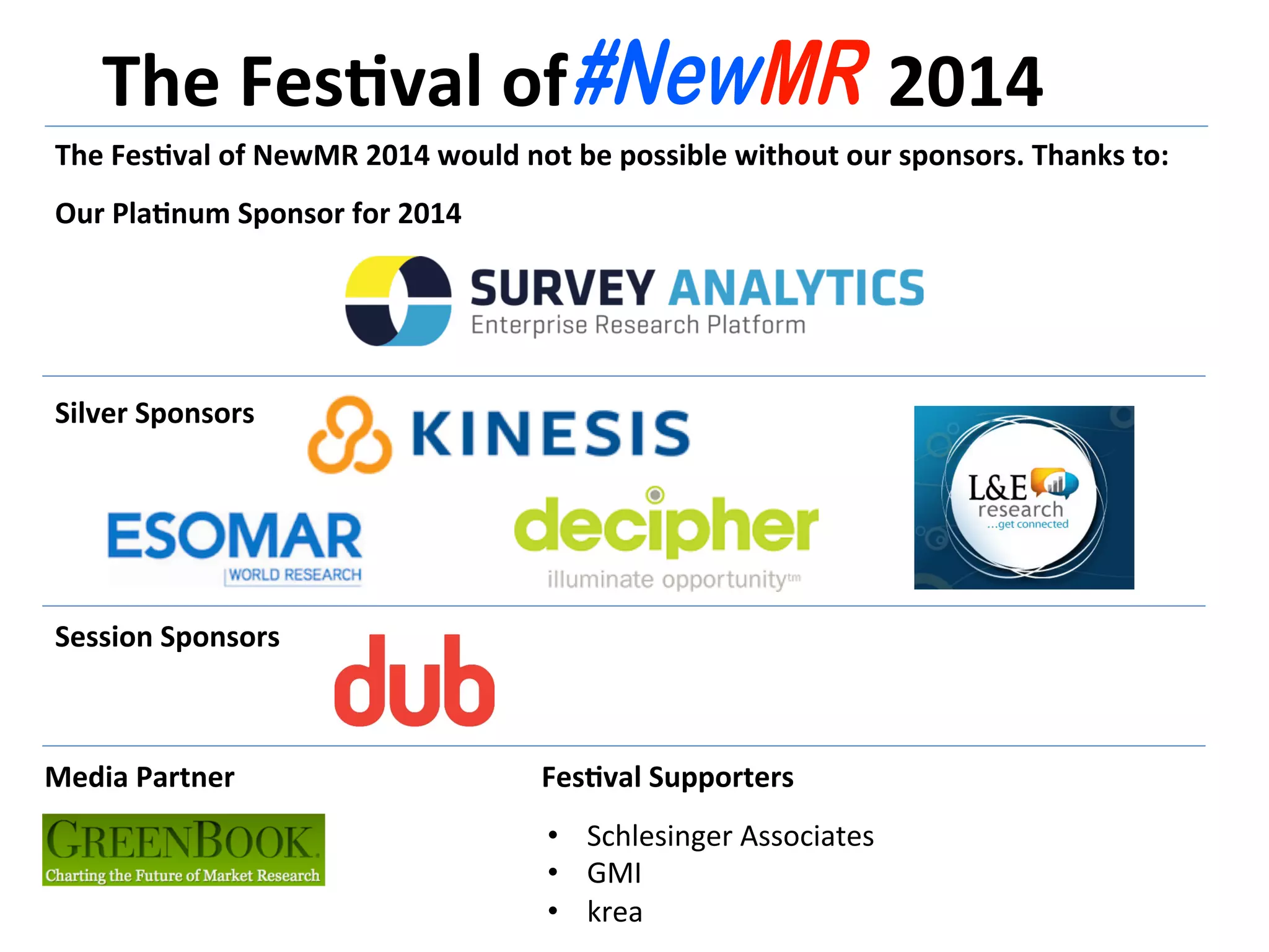 The	
  Fes'val	
  of	
  NewMR	
  2014	
  would	
  not	
  be	
  possible	
  without	
  our	
  sponsors.	
  Thanks	
  to:	
  
	
  
Our	
  Pla'num	
  Sponsor	
  for	
  2014	
  
Silver	
  Sponsors	
  
Session	
  Sponsors	
  
Media	
  Partner	
   Fes'val	
  Supporters	
  
•  Schlesinger	
  Associates	
  
•  GMI	
  
•  krea	
  
The	
  Fes'val	
  of	
   2014	
  
 
