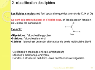 Franck Rencurel 2019-2020 11
2- classification des lipides
Les lipides simples: (ne font apparaitre que des atomes de C, H et O)
Ce sont des esters d’alcool et d’acides gras, on les classe en fonction
de L’alcool les constituant.
Exemple:
•Glycérides: l’alcool est le glycérol
•Stérides: l’alcool est le stérol
•Cérides: l’alcool est un alcool aliphatique de poids moléculaire élevé
Glycérides stockage énergie, amortisseurs
Stérides hormones, enzymes
Cérides structures cellulaire, cires bactériennes et végétales
 
