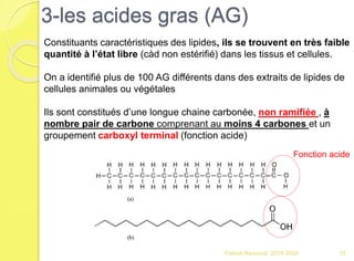 3-les acides gras (AG)
Franck Rencurel 2019-2020 15
Constituants caractéristiques des lipides, ils se trouvent en très faible
quantité à l’état libre (càd non estérifié) dans les tissus et cellules.
On a identifié plus de 100 AG différents dans des extraits de lipides de
cellules animales ou végétales
Ils sont constitués d’une longue chaine carbonée, non ramifiée , à
nombre pair de carbone comprenant au moins 4 carbones et un
groupement carboxyl terminal (fonction acide)
Fonction acide
 