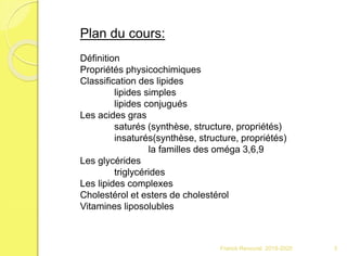 Franck Rencurel 2019-2020 3
Plan du cours:
Définition
Propriétés physicochimiques
Classification des lipides
lipides simples
lipides conjugués
Les acides gras
saturés (synthèse, structure, propriétés)
insaturés(synthèse, structure, propriétés)
la familles des oméga 3,6,9
Les glycérides
triglycérides
Les lipides complexes
Cholestérol et esters de cholestérol
Vitamines liposolubles
 