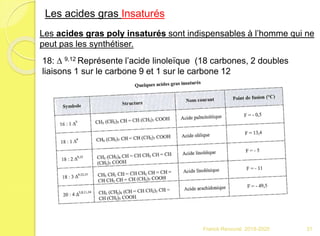 Franck Rencurel 2019-2020 31
Les acides gras Insaturés
Les acides gras poly insaturés sont indispensables à l’homme qui ne
peut pas les synthétiser.
18: D 9,12 Représente l’acide linoleïque (18 carbones, 2 doubles
liaisons 1 sur le carbone 9 et 1 sur le carbone 12
 