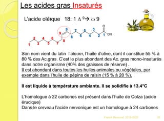 Franck Rencurel 2019-2020 35
Les acides gras Insaturés
L’acide oléïque 18: 1 D 9 w 9
12
3
4
5
6
7
8
9
1
2
3
4
5
6
7
8
9
Son nom vient du latin l’oleum, l’huile d’olive, dont il constitue 55 % à
80 % des Ac.gras. C’est le plus abondant des Ac. gras mono-insaturés
dans notre organisme (40% des graisses de réserve) .
Il est abondant dans toutes les huiles animales ou végétales, par
exemple dans l’huile de pépins de raisin (15 % à 20 %).
Il est liquide à température ambiante. Il se solidifie à 13,4°C
L’homologue à 22 carbones est présent dans l’huile de Colza (acide
érucique)
Dans le cerveau l’acide nervonique est un homologue à 24 carbones
 