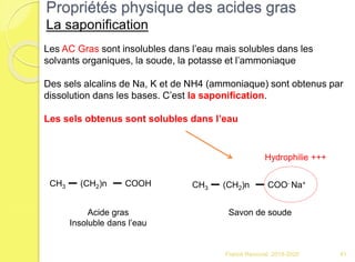 Propriétés physique des acides gras
La saponification
Franck Rencurel 2019-2020 41
Les AC Gras sont insolubles dans l’eau mais solubles dans les
solvants organiques, la soude, la potasse et l’ammoniaque
Des sels alcalins de Na, K et de NH4 (ammoniaque) sont obtenus par
dissolution dans les bases. C’est la saponification.
Les sels obtenus sont solubles dans l’eau
CH3 (CH2)n COOH CH3 (CH2)n COO- Na+
Acide gras
Insoluble dans l’eau
Savon de soude
Hydrophilie +++
 