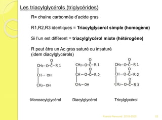 Franck Rencurel 2019-2020 53
Les triacylglycérols (triglycérides)
Monoacylglycérol Diacylglycérol Tricylglycérol
R= chaine carbonnée d’acide gras
R1,R2,R3 identiques = Triacylglycerol simple (homogène)
Si l’un est différent = triacylglycérol mixte (hétérogène)
R peut être un Ac.gras saturé ou insaturé
(idem diacylglycérols)
 