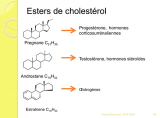 Esters de cholestérol
Franck Rencurel 2019-2020 80
Pregnane C21H36
Progestérone, hormones
corticosurrénaliennes
Androstane C19H32
Testostérone, hormones stéroïdes
Estratriene C18H24
Œstrogènes
 