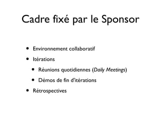 Cadre fixé par le Sponsor

•   Environnement collaboratif

•   Itérations

    •   Réunions quotidiennes (Daily Meetings)

    •   Démos de fin d'itérations

•   Rétrospectives
 