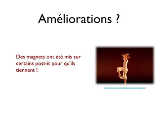 Améliorations ?

Des magnets ont été mis sur
certains post-it pour qu'ils
tiennent !


                               http://lucaskrech.com/blog/index.php/tag/dance/
 
