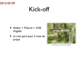 2012-05-09

                        Kick-off

      •   Atelier + Théorie = 1h20
          d'agilité

      •   et c'est parti pour 2 mois de
          projet
                                          http://www.geograph.org.uk/photo/1886963
 