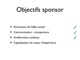 Objectifs sponsor

•   Diminution de l'effet tunnel            ✓
•   Communication - transparence            ✓
•   Amélioration continue                   ✓
•   Capitalisation du retour d'expérience
 