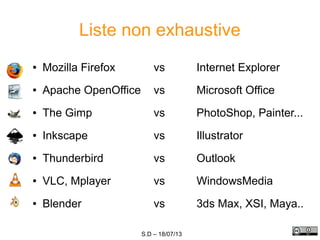 S.D – 18/07/13
Liste non exhaustive
● Mozilla Firefox vs Internet Explorer
● Apache OpenOffice vs Microsoft Office
● The Gimp vs PhotoShop, Painter...
● Inkscape vs Illustrator
● Thunderbird vs Outlook
● VLC, Mplayer vs WindowsMedia
● Blender vs 3ds Max, XSI, Maya..
 
