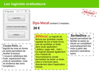 Les logiciels oralisateurs
PAYANT
Dys-Vocal contient 3 modules :
Coupe-Mots, un
logiciel de mise en forme
du texte permettant de
faciliter la lecture
( coupure syllabique des
mots, espacement des
mots et caractères, mise
en évidence des sons
complexes )
SDVocal, un logiciel de
lecture par synthèse vocale
capable de lire à l'aide d'une
voix de synthèse un texte
dans toute application
( éditeur, page web , mail ) .
Ce logiciel dispose également
d'un module de
reconnaissance vocale
permettant de dicter un texte,
celui-ci s'écrivant alors
directement dans l'application
choisie .
ScribeDico, un
logiciel permettant de
faciliter la saisie au
clavier en complétant
automatiquement les
mots à partir des
premiers caractères
saisis
20 €
 