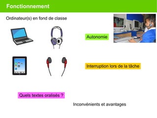 Fonctionnement
Inconvénients et avantages
Ordinateur(s) en fond de classe
Autonomie
Interruption lors de la tâche
Quels textes oralisés ?
 