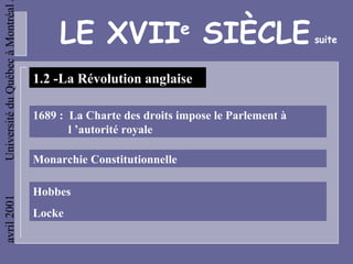 Université du Québec à Montréal

                                       LE XVII SIÈCLE           e
                                                                                      suite



                                  1.2 -La Révolution anglaise

                                  1689 : La Charte des droits impose le Parlement à
                                         l ’autorité royale

                                  Monarchie Constitutionnelle

                                  Hobbes
avril 2001




                                  Locke
 