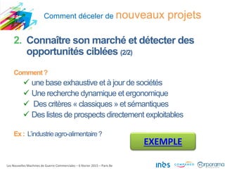 Comment déceler de nouveaux projets
Les Nouvelles Machines de Guerre Commerciales – 6 février 2015 – Paris 8e
2. Connaître son marché et détecter des
opportunités ciblées (2/2)
Comment?
 une base exhaustive et à jour de sociétés
 Une recherche dynamique et ergonomique
 Des critères « classiques » et sémantiques
 Des listes de prospects directement exploitables
Ex: L’industrieagro-alimentaire?
EXEMPLE
 