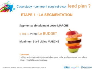 ETAPE 1 : LA SEGMENTATION
Segmentez simplement votre MARCHE
« THE » critère Le BUDGET
Maximum 3 à 4 cibles MARCHE
Comment
Utilisez votre mémoire commerciale pour cela, analysez votre parc client
et vos résultats commerciaux.
Les Nouvelles Machines de Guerre Commerciales – 6 février 2015 – Paris 8e
Case study - comment construire son lead plan ?
 