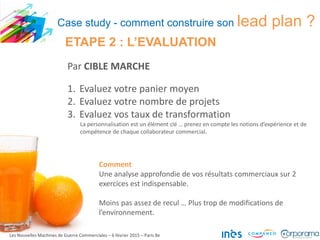 Par CIBLE MARCHE
1. Evaluez votre panier moyen
2. Evaluez votre nombre de projets
3. Evaluez vos taux de transformation
La personnalisation est un élément clé … prenez en compte les notions d’expérience et de
compétence de chaque collaborateur commercial.
Comment
Une analyse approfondie de vos résultats commerciaux sur 2
exercices est indispensable.
Moins pas assez de recul … Plus trop de modifications de
l’environnement.
Les Nouvelles Machines de Guerre Commerciales – 6 février 2015 – Paris 8e
ETAPE 2 : L’EVALUATION
Case study - comment construire son lead plan ?
 