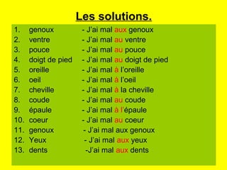 Les solutions.
1.    genoux           - J’ai mal aux genoux
2.    ventre           - J’ai mal au ventre
3.    pouce            - J’ai mal au pouce
4.    doigt de pied    - J’ai mal au doigt de pied
5.    oreille          - J’ai mal à l’oreille
6.    oeil             - J’ai mal à l’oeil
7.    cheville         - J’ai mal à la cheville
8.    coude            - J’ai mal au coude
9.    épaule           - J’ai mal à l’épaule
10.   coeur            - J’ai mal au coeur
11.   genoux            - J’ai mal aux genoux
12.   Yeux              - J’ai mal aux yeux
13.   dents              -J’ai mal aux dents
 