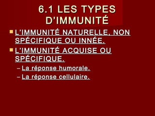 6.1 LES TYPES6.1 LES TYPES
D’IMMUNITÉD’IMMUNITÉ
 L’IMMUNITÉ NATURELLE, NONL’IMMUNITÉ NATURELLE, NON
SPÉCIFIQUE OU INNÉE.SPÉCIFIQUE OU INNÉE.
 L’IMMUNITÉ ACQUISE OUL’IMMUNITÉ ACQUISE OU
SPÉCIFIQUE.SPÉCIFIQUE.
– La réponse humorale.La réponse humorale.
– La réponse cellulaire.La réponse cellulaire.
 