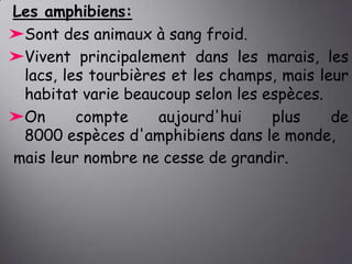 Les amphibiens:
➤Sont des animaux à sang froid.
➤Vivent principalement dans les marais, les
lacs, les tourbières et les champs, mais leur
habitat varie beaucoup selon les espèces.
➤On
compte
aujourd'hui
plus
de
8000 espèces d'amphibiens dans le monde,
mais leur nombre ne cesse de grandir.

 