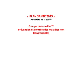 « PLAN SANTE 2025 »
Ministère de la Santé
Groupe de travail n° 7
Prévention et contrôle des maladies nonPrévention et contrôle des maladies non
transmissibles
 