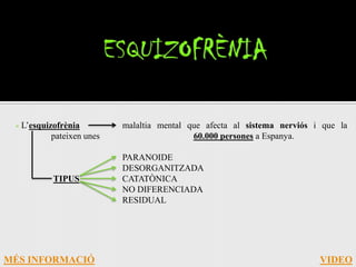 × L’esquizofrènia        malaltia mental que afecta al sistema nerviós i que la
          pateixen unes                    60.000 persones a Espanya.

                          PARANOIDE
                          DESORGANITZADA
          TIPUS           CATATÒNICA
                          NO DIFERENCIADA
                          RESIDUAL




MÉS INFORMACIÓ                                                           VIDEO
 