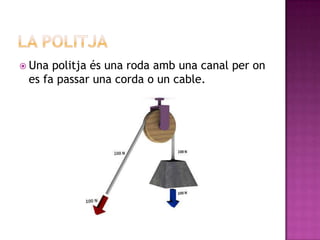  Una politja és una roda amb una canal per on
 es fa passar una corda o un cable.
 