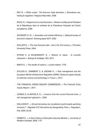 57
- RAY R. « CDOs cubed : The first-ever triple derivative », Derivatives use,
trading & regulation, Palgrave Macmillan, 2006
- RICOL R, « Rapport sur la crise financière », Mission confiée par le Président
de la République dans le contexte de la Présidence française de l’Union
européenne, 2008
- SCHWERT G. W., « Anomalies and market efficiency », National bureau of
economic research, Working paper 9277, 2002
- SHILLER R., « The new financial order : risk in the 21st century », Princeton
University Press, 2004
- SITRUK E. & KOURGANOFF S. « Réduire le risque : la nouvelle
obsession », Banque & stratégie, 303, 2012
- SMITH A., « The wealth of nations », London edition, 1776
- STILLER D., DAMMERT C. & JOEHNK P., « Risk management and the
European Market Infrastructure Regulation (EMIR), Research papers faculty
of materials science and technology in Trnava », 2013
- THE FINANCIAL CRISIS INQUIRY COMMISSION, « The Financial Crisis
Inquiry Report », 2011
- VOINEA G. & ANTON S. G., « Lessons from the current financial crisis. a
risk management approach », 2009
- WALLISON P., « Should derivatives be considered unenforceable gambling
contracts ? : Regulate OTC Derivatives by Deregulating Them », Regulation,
Fall, 2009, 35-38
- WEBER E., « A Short History of Derivative Security Markets », University of
Western Australia, 2008, 1-51
 
