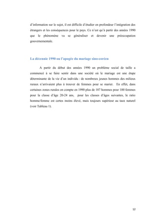 d’information sur le sujet, il est difficile d’étudier en profondeur l’intégration des
étrangers et les conséquences pour le pays. Ce n’est qu’à partir des années 1990
que le phénomène va se généraliser et devenir une préoccupation
gouvernementale.
La décennie 1990 ou l’apogée du mariage sino-coréen
A partir du début des années 1990 un problème social de taille a
commencé à se faire sentir dans une société où le mariage est une étape
déterminante de la vie d’un individu : de nombreux jeunes hommes des milieux
ruraux n’arrivaient plus à trouver de femmes pour se marier. En effet, dans
certaines zones rurales on compte en 1990 plus de 187 hommes pour 100 femmes
pour la classe d’âge 20-24 ans, pour les classes d’âges suivantes, le ratio
homme/femme est certes moins élevé, mais toujours supérieur au taux naturel
(voir Tableau 1).
12
 