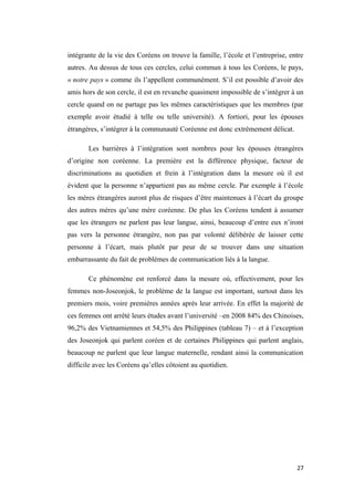 intégrante de la vie des Coréens on trouve la famille, l’école et l’entreprise, entre
autres. Au dessus de tous ces cercles, celui commun à tous les Coréens, le pays,
« notre pays » comme ils l’appellent communément. S’il est possible d’avoir des
amis hors de son cercle, il est en revanche quasiment impossible de s’intégrer à un
cercle quand on ne partage pas les mêmes caractéristiques que les membres (par
exemple avoir étudié à telle ou telle université). A fortiori, pour les épouses
étrangères, s’intégrer à la communauté Coréenne est donc extrêmement délicat.
Les barrières à l’intégration sont nombres pour les épouses étrangères
d’origine non coréenne. La première est la différence physique, facteur de
discriminations au quotidien et frein à l’intégration dans la mesure où il est
évident que la personne n’appartient pas au même cercle. Par exemple à l’école
les mères étrangères auront plus de risques d’être maintenues à l’écart du groupe
des autres mères qu’une mère coréenne. De plus les Coréens tendent à assumer
que les étrangers ne parlent pas leur langue, ainsi, beaucoup d’entre eux n’iront
pas vers la personne étrangère, non pas par volonté délibérée de laisser cette
personne à l’écart, mais plutôt par peur de se trouver dans une situation
embarrassante du fait de problèmes de communication liés à la langue.
Ce phénomène est renforcé dans la mesure où, effectivement, pour les
femmes non-Joseonjok, le problème de la langue est important, surtout dans les
premiers mois, voire premières années après leur arrivée. En effet la majorité de
ces femmes ont arrêté leurs études avant l’université –en 2008 84% des Chinoises,
96,2% des Vietnamiennes et 54,5% des Philippines (tableau 7) – et à l’exception
des Joseonjok qui parlent coréen et de certaines Philippines qui parlent anglais,
beaucoup ne parlent que leur langue maternelle, rendant ainsi la communication
difficile avec les Coréens qu’elles côtoient au quotidien.
27
 