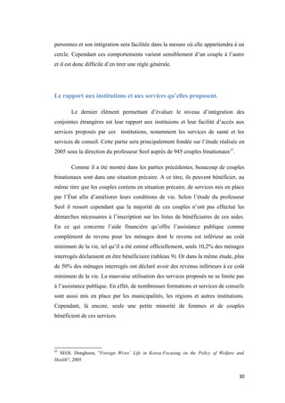 personnes et son intégration sera facilitée dans la mesure où elle appartiendra à un
cercle. Cependant ces comportements varient sensiblement d’un couple à l’autre
et il est donc difficile d’en tirer une règle générale.
Le rapport aux institutions et aux services qu’elles proposent.
Le dernier élément permettant d’évaluer le niveau d’intégration des
conjointes étrangères est leur rapport aux instituions et leur facilité d’accès aux
services proposés par ces institutions, notamment les services de santé et les
services de conseil. Cette partie sera principalement fondée sur l’étude réalisée en
2005 sous la direction du professeur Seol auprès de 945 couples binationaux37
.
Comme il a été montré dans les parties précédentes, beaucoup de couples
binationaux sont dans une situation précaire. A ce titre, ils peuvent bénéficier, au
même titre que les couples coréens en situation précaire, de services mis en place
par l’État afin d’améliorer leurs conditions de vie. Selon l’étude du professeur
Seol il ressort cependant que la majorité de ces couples n’ont pas effectué les
démarches nécessaires à l’inscription sur les listes de bénéficiaires de ces aides.
En ce qui concerne l’aide financière qu’offre l’assistance publique comme
complément de revenu pour les ménages dont le revenu est inférieur au coût
minimum de la vie, tel qu’il a été estimé officiellement, seuls 10,2% des ménages
interrogés déclaraient en être bénéficiaire (tableau 9). Or dans la même étude, plus
de 50% des ménages interrogés ont déclaré avoir des revenus inférieurs à ce coût
minimum de la vie. La mauvaise utilisation des services proposés ne se limite pas
à l’assistance publique. En effet, de nombreuses formations et services de conseils
sont aussi mis en place par les municipalités, les régions et autres institutions.
Cependant, là encore, seule une petite minorité de femmes et de couples
bénéficient de ces services.
37
SEOL Donghoon, "Foreign Wives’ Life in Korea:Focusing on the Policy of Welfare and
Health", 2005
30
 