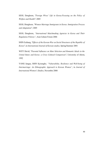 SEOL Donghoon, "Foreign Wives’ Life in Korea:Focusing on the Policy of
Welfare and Health", 2005
SEOL Donghoon, "Women Marriage Immigrants in Korea: Immigration Process
and Adaptation", 2005
SEOL Donghoon, “International Matchmaking Agencies in Korea and Their
Regulation Policies”, Asia Culture Forum 2006
SHIN Euihang, "Effects of the Korean War on Social Structures of the Republic of
Korea", in International Journal of Korean studies, Spring/Summer 2001
WITT David, "Parental Influence on Mate Selection and Romantic Ideals in the
United States and Korea: a Cross Cultural Comparison", University of Akron,
1992
YANG Jangae, SHIN Kyoungho, “Vulnerability, Resilience and Well-being of
Intermarriage: An Ethnographic Approach to Korean Women”, in Journal of
International Women’s Studies, Novembre 2008
49
 