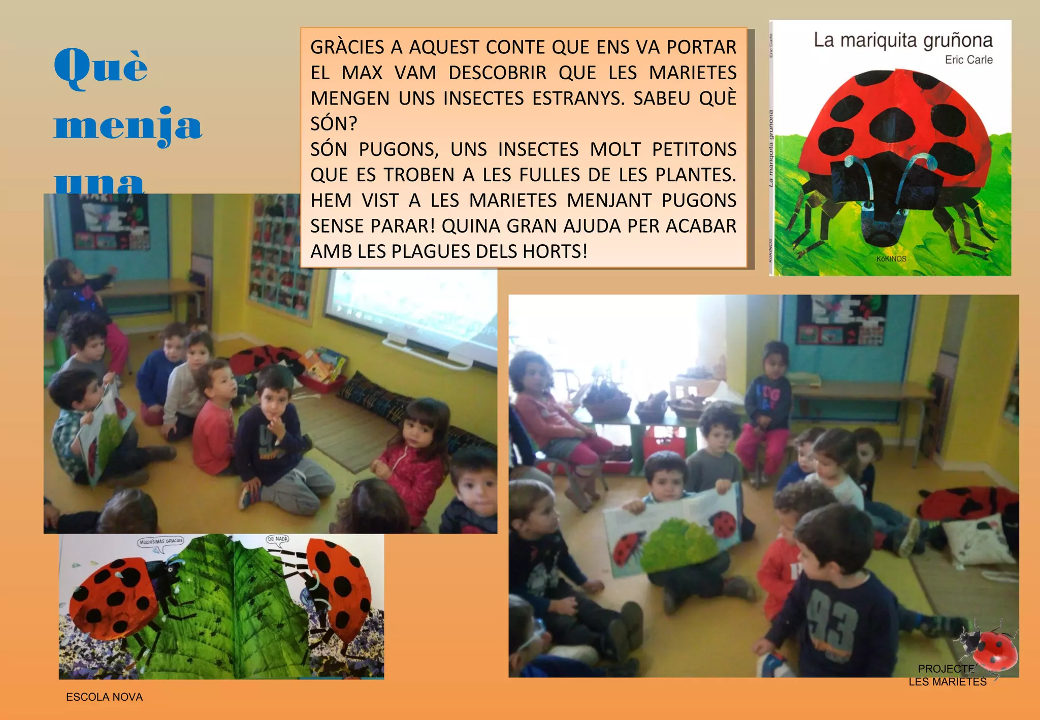 Què
menja
una
marieta?
GRÀCIES A AQUEST CONTE QUE ENS VA PORTAR
EL MAX VAM DESCOBRIR QUE LES MARIETES
MENGEN UNS INSECTES ESTRANYS. SABEU QUÈ
SÓN?
SÓN PUGONS, UNS INSECTES MOLT PETITONS
QUE ES TROBEN A LES FULLES DE LES PLANTES.
HEM VIST A LES MARIETES MENJANT PUGONS
SENSE PARAR! QUINA GRAN AJUDA PER ACABAR
AMB LES PLAGUES DELS HORTS!
GRÀCIES A AQUEST CONTE QUE ENS VA PORTAR
EL MAX VAM DESCOBRIR QUE LES MARIETES
MENGEN UNS INSECTES ESTRANYS. SABEU QUÈ
SÓN?
SÓN PUGONS, UNS INSECTES MOLT PETITONS
QUE ES TROBEN A LES FULLES DE LES PLANTES.
HEM VIST A LES MARIETES MENJANT PUGONS
SENSE PARAR! QUINA GRAN AJUDA PER ACABAR
AMB LES PLAGUES DELS HORTS!
ESCOLA NOVA
PROJECTE
LES MARIETES
 