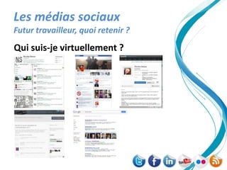 Les médias sociaux
Futur travailleur, quoi retenir ?
Qui suis-je virtuellement ?
 