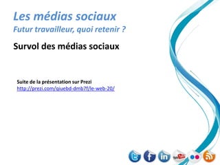 Les médias sociaux
Futur travailleur, quoi retenir ?
Survol des médias sociaux


 Suite de la présentation sur Prezi
 http://prezi.com/qiuebd-dmb7f/le-web-20/
 