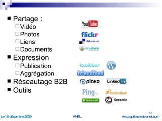 Partage : Vidéo Photos Liens Documents Expression Publication Aggrégation Réseautage B2B Outils  