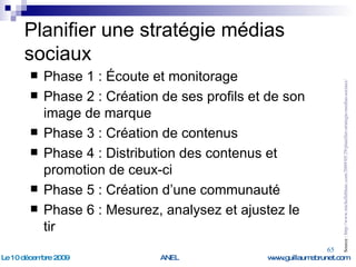 Planifier une stratégie médias sociaux Phase 1 : Écoute et monitorage Phase 2 : Création de ses profils et de son image de marque Phase 3 : Création de contenus Phase 4 : Distribution des contenus et promotion de ceux-ci Phase 5 : Création d’une communauté Phase 6 : Mesurez, analysez et ajustez le tir Source :  http://www.michelleblanc.com/2009/05/29/planifier-strategie-medias-sociaux/   