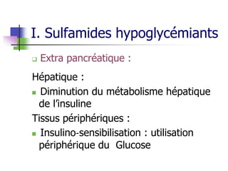I. Sulfamides hypoglycémiants
 Extra pancréatique :
Hépatique :
 Diminution du métabolisme hépatique
de l’insuline
Tissus périphériques :
 Insulino‐sensibilisation : utilisation
périphérique du Glucose
 